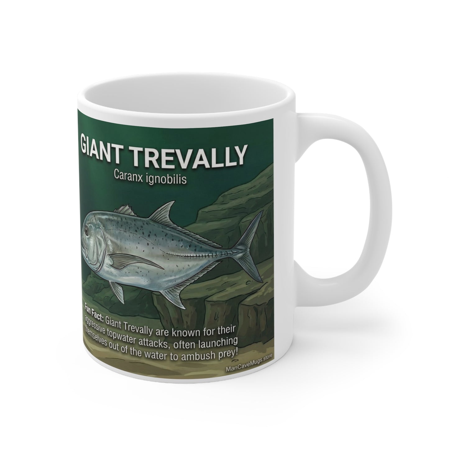 Giant Trevally Fishing Mug — Illustrated Fish ID & Techniques, 11oz Ceramic