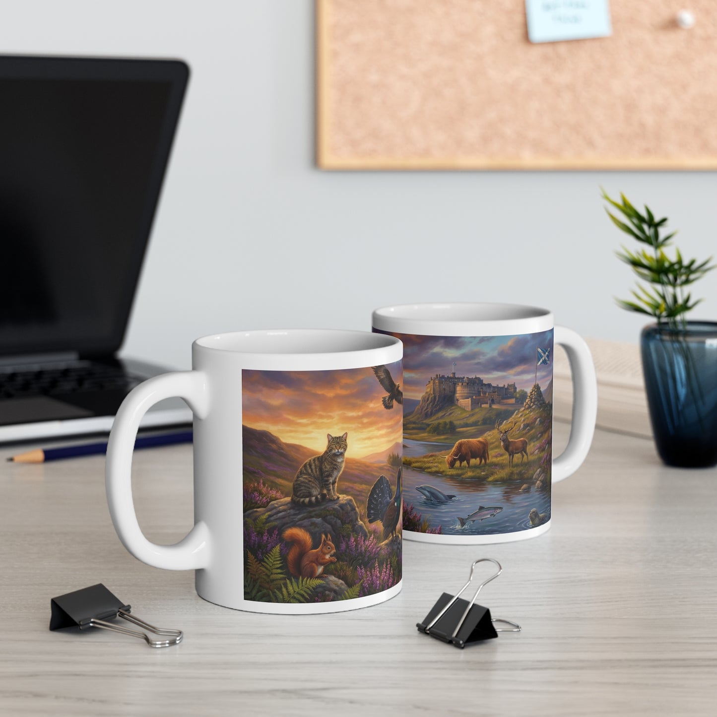Scottish Highlands Wildlife Coffee Mug — Cat, Red Squirrel & Grouse Scenic Ceramic Coffee Cup