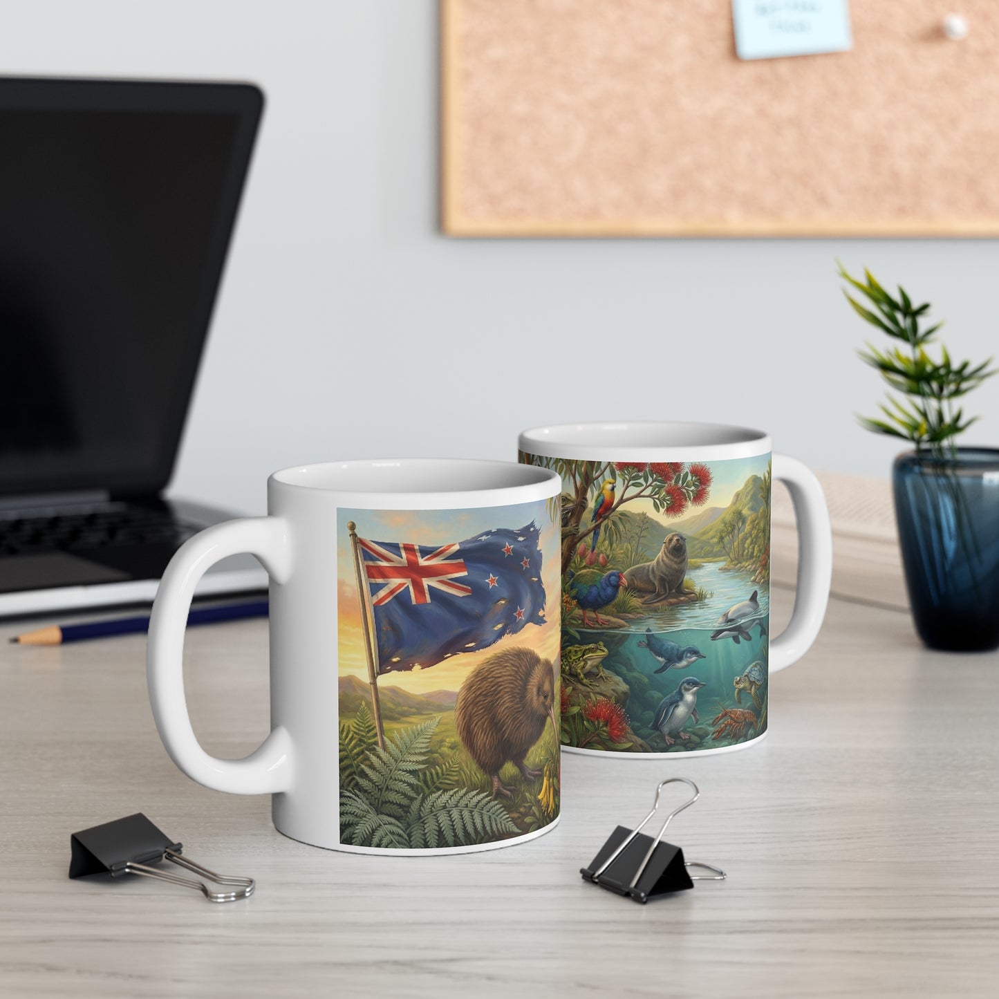 New Zealand Wildlife Ceramic Coffee Mug — Kiwi, Flag & Native Animals Scene (11oz)White Ceramic 11oz Mug