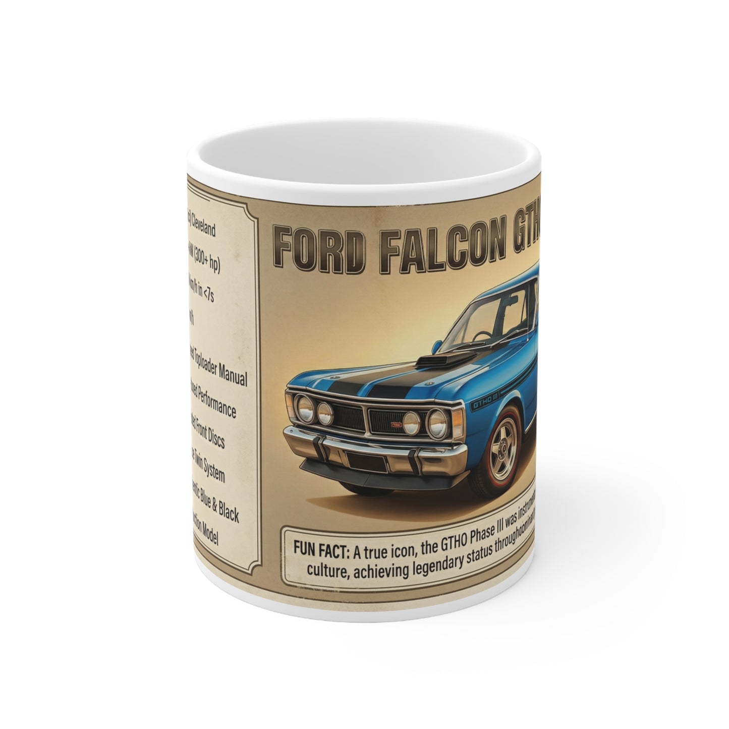 Ford Falcon GTHO Classic Car Coffee Mug, Vintage Specs & Illustration (11oz)