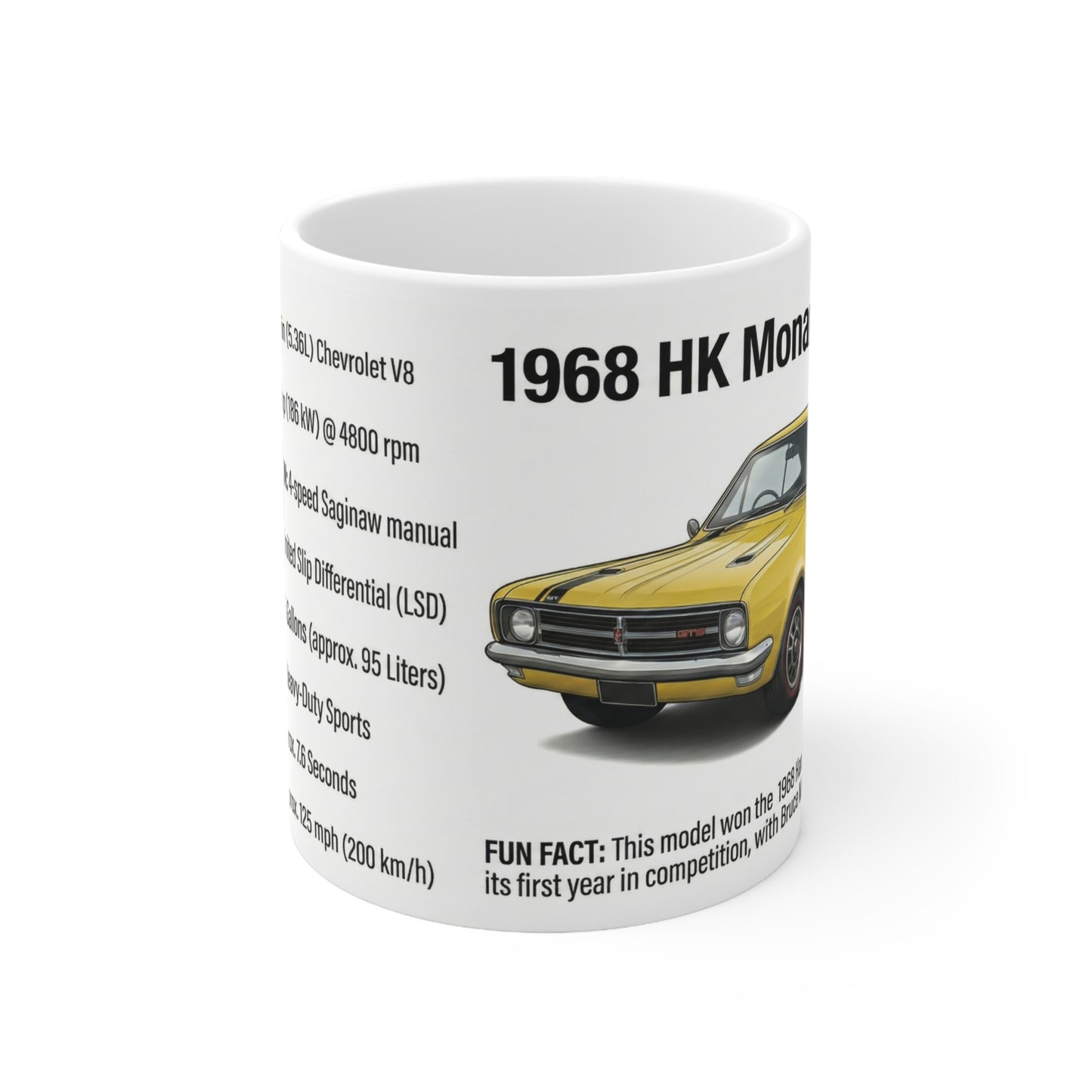 1968 HK Monaro Specs Coffee Mug — Classic Muscle Car Illustration & Fun Facts