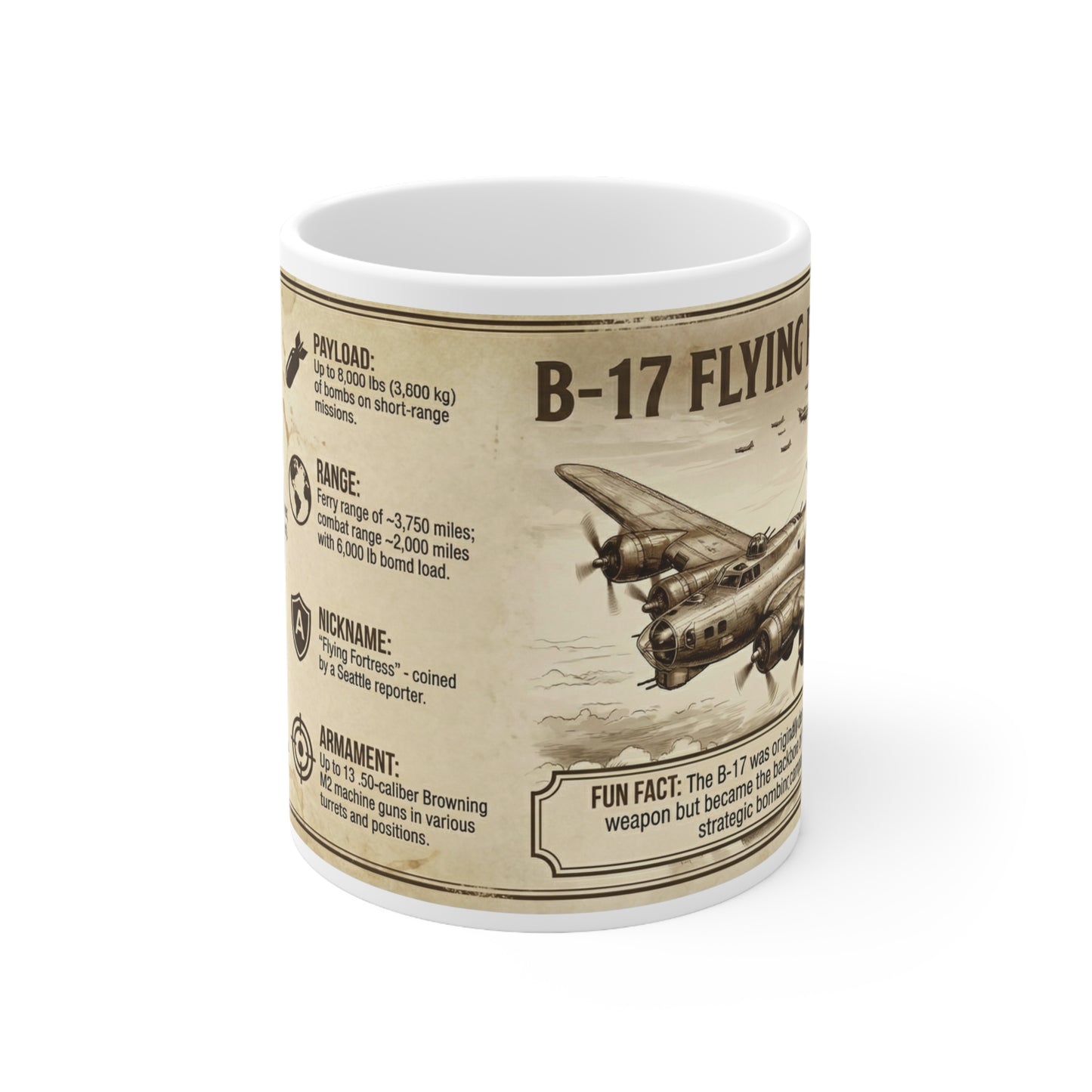 B-17 Flying Fortress Vintage Specs Mug, WWII Bomber Illustration & Fact Sheet