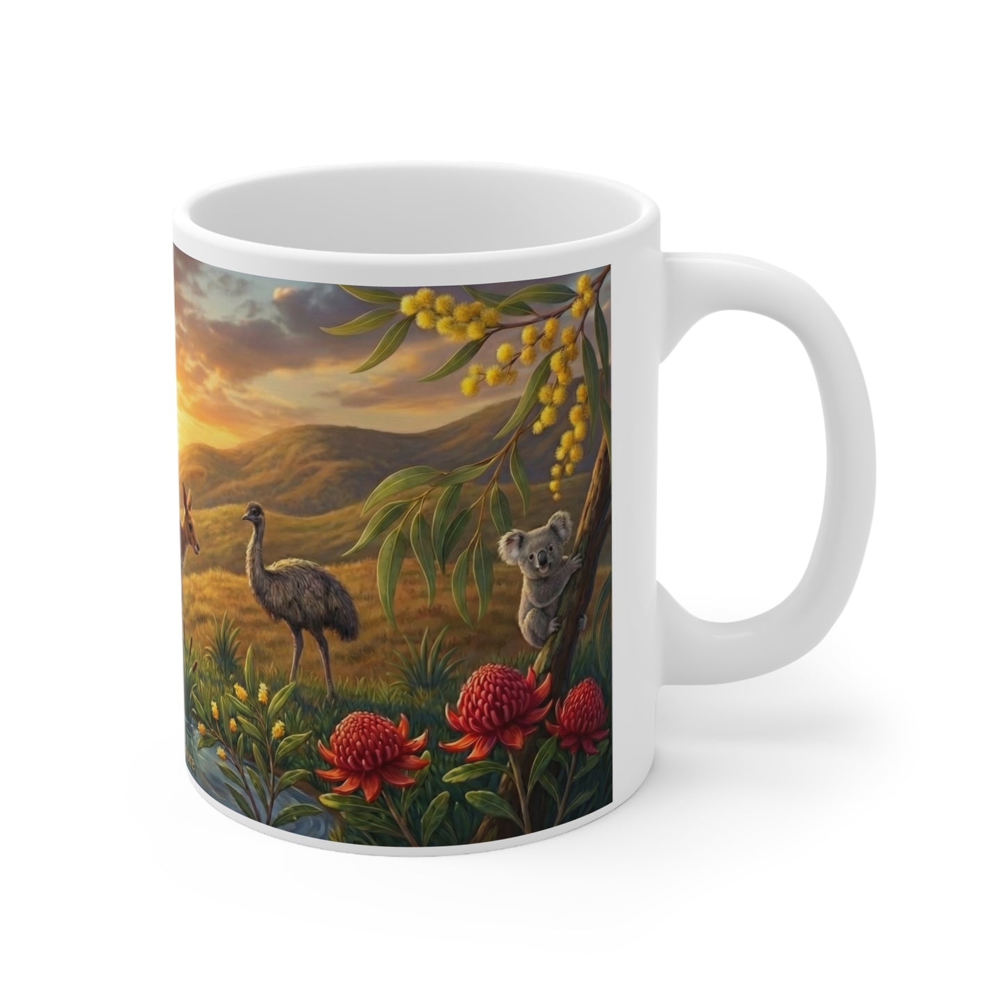 Australian Wildlife Sunset Coffee Mug | Kangaroo, Kookaburra, Wombat Scenic Art
