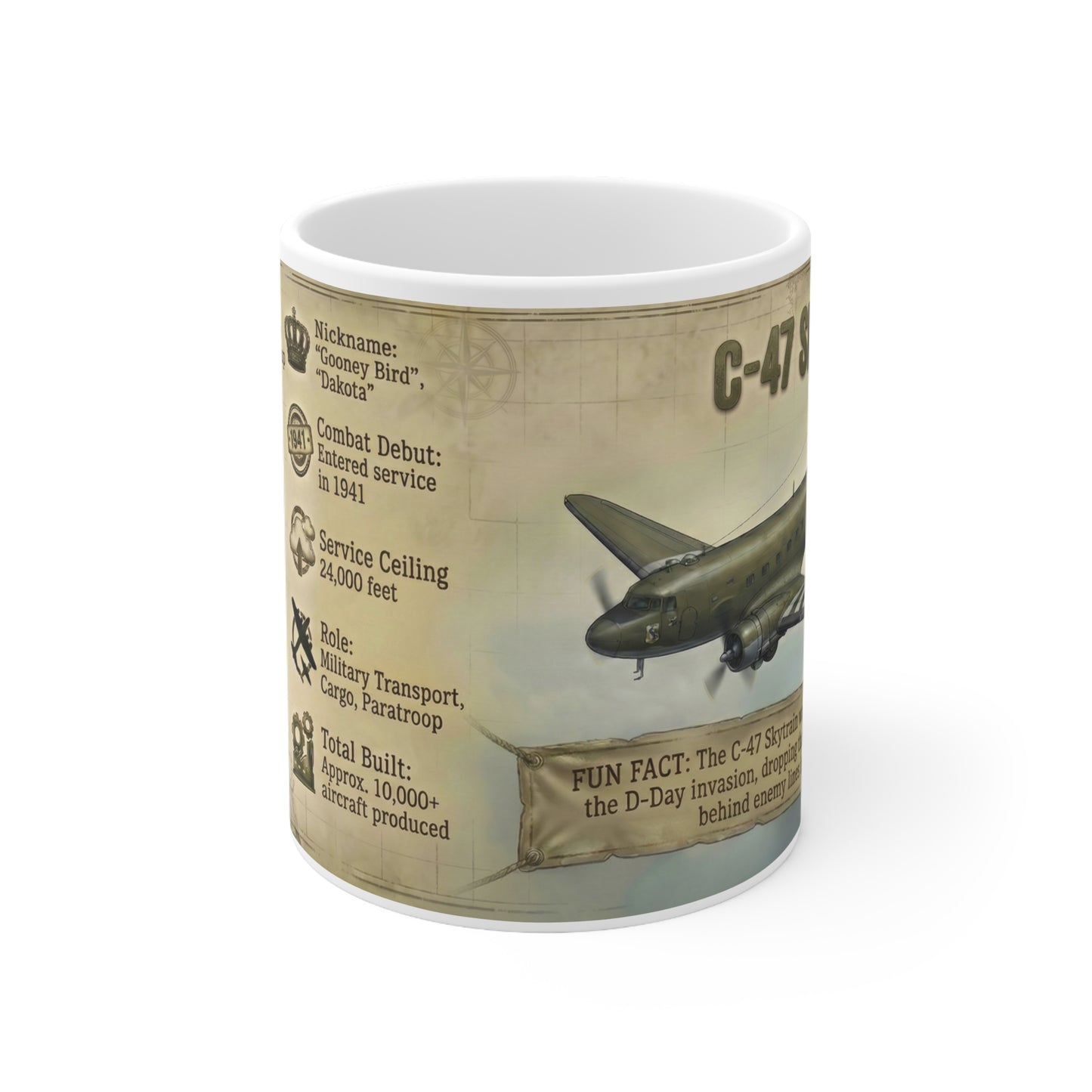 C-47 Skytrain Specs Coffee Mug — Vintage WWII Military Aircraft Facts