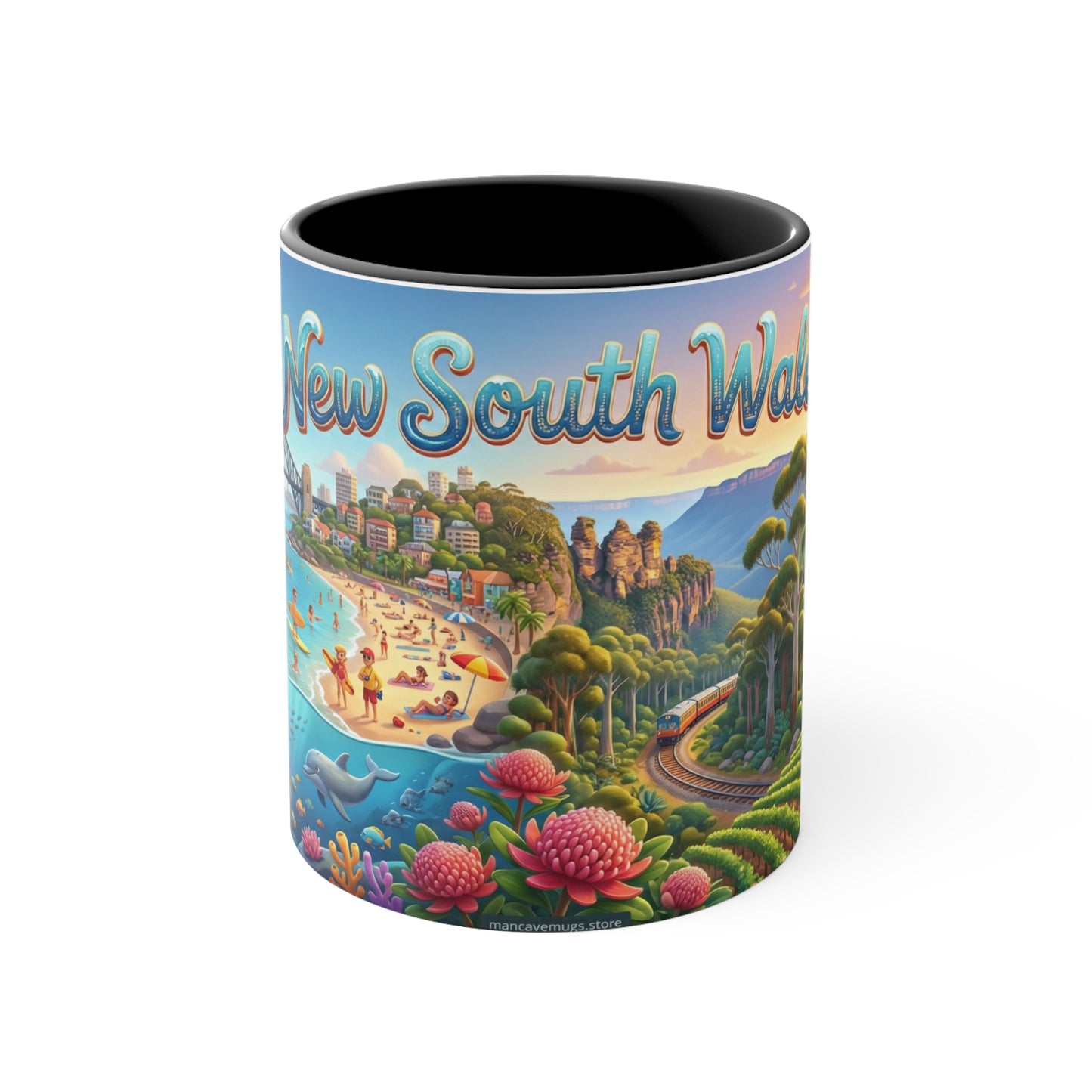New South Wales coastal illustration Coffee Mug, Sydney Harbour, beach wildlife, colourful accent mug