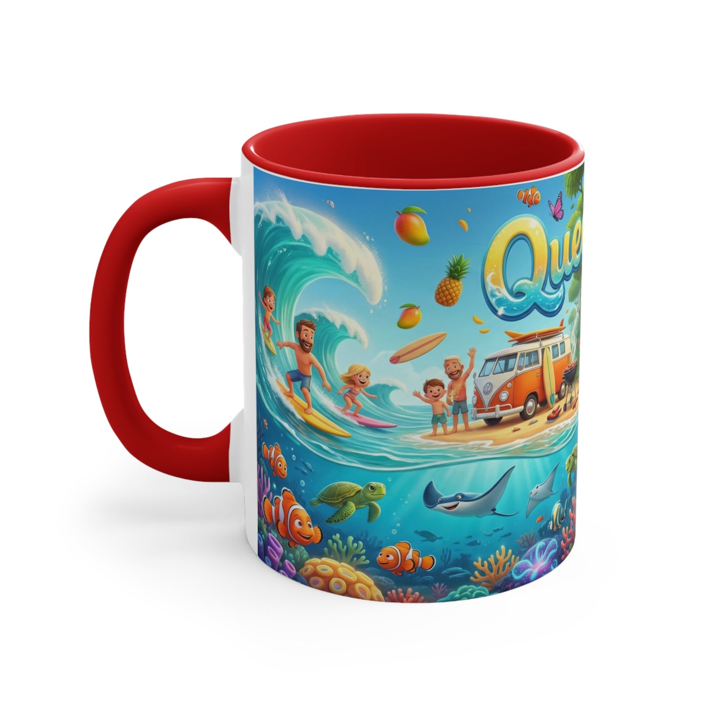 Queensland beach scene Coffee Mug , Colorful coastal wildlife surf van design