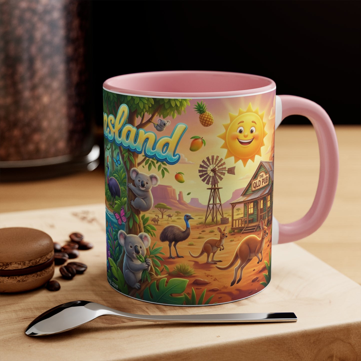 Queensland beach scene Coffee Mug , Colorful coastal wildlife surf van design