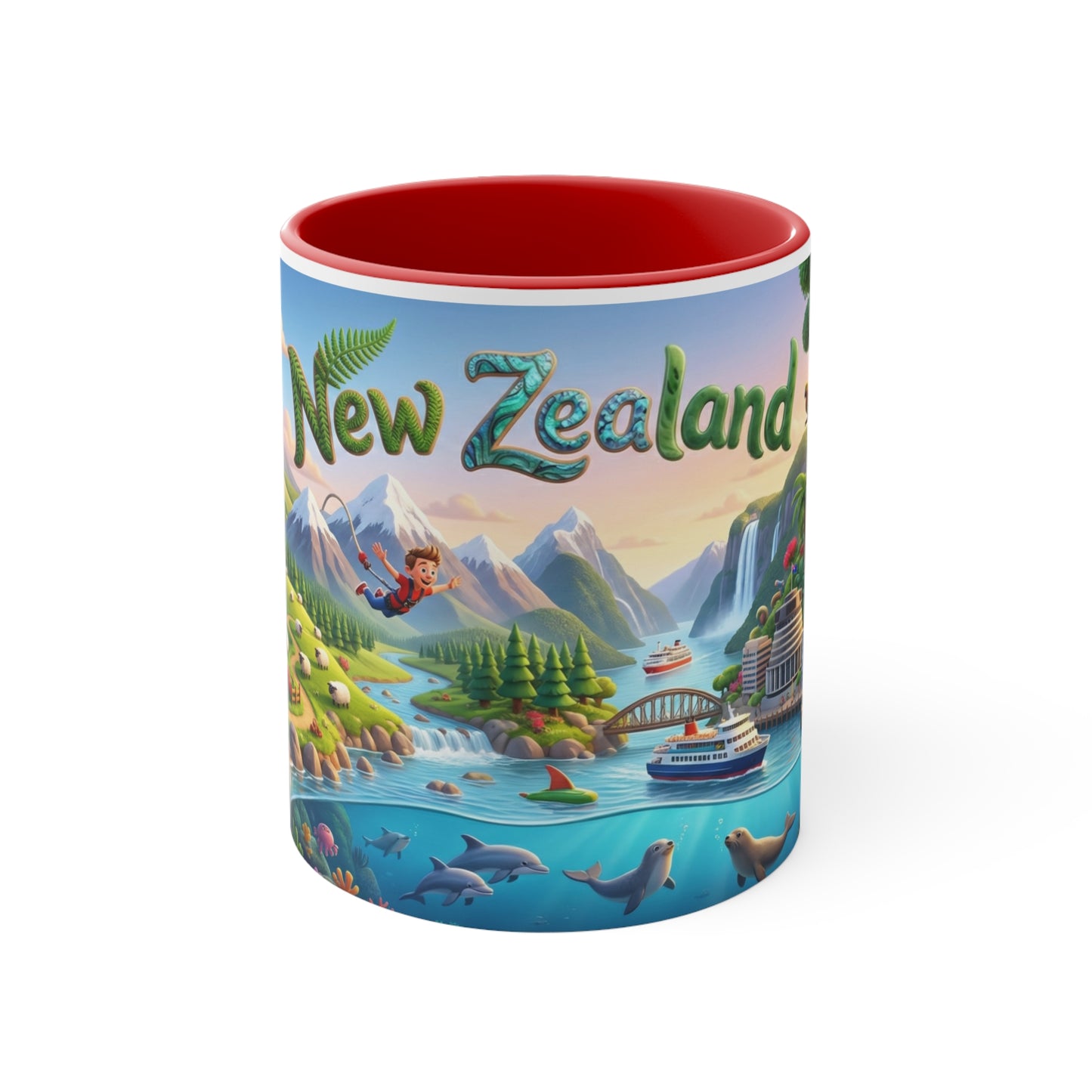 New Zealand Scenic Map Coffee Mug,  Color Accent 11oz