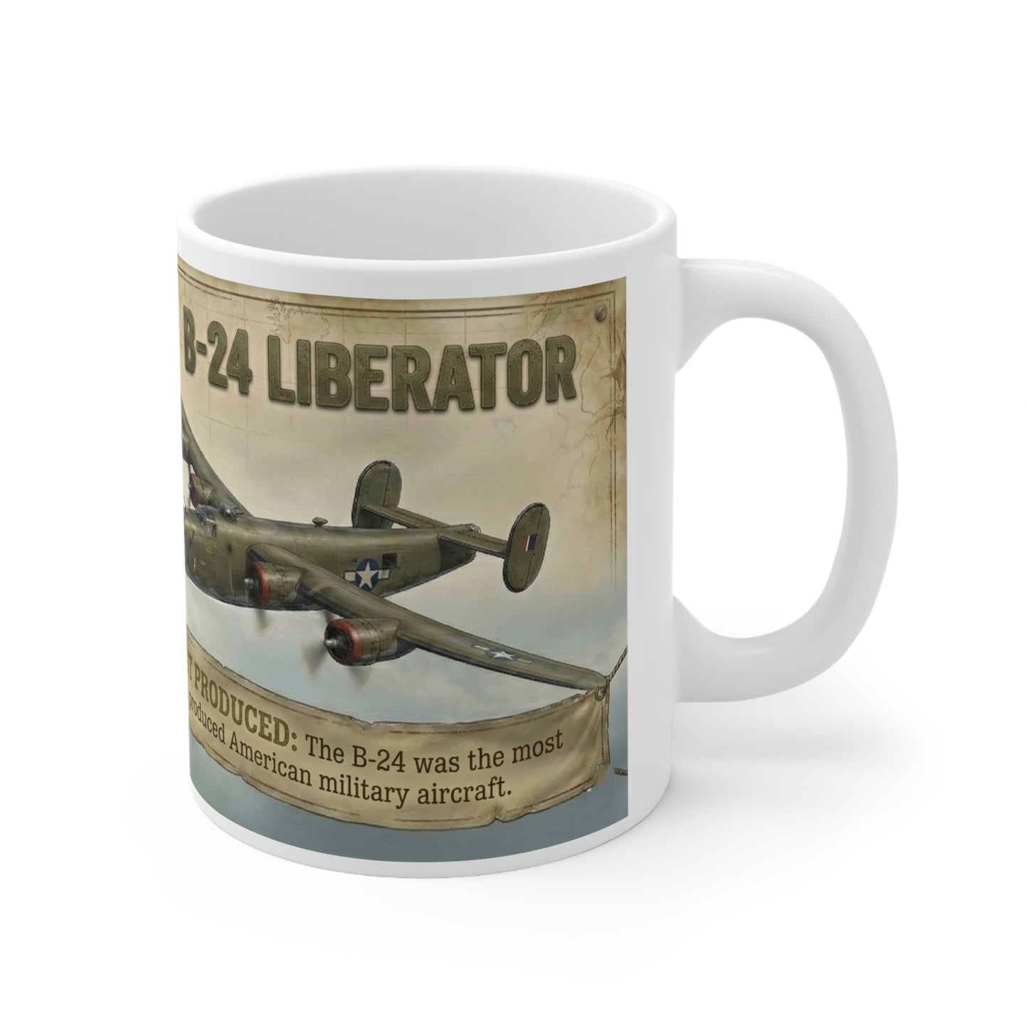 B-24 Liberator Vintage Bomber Facts Coffee Mug, WWII Airplane History 11oz Ceramic