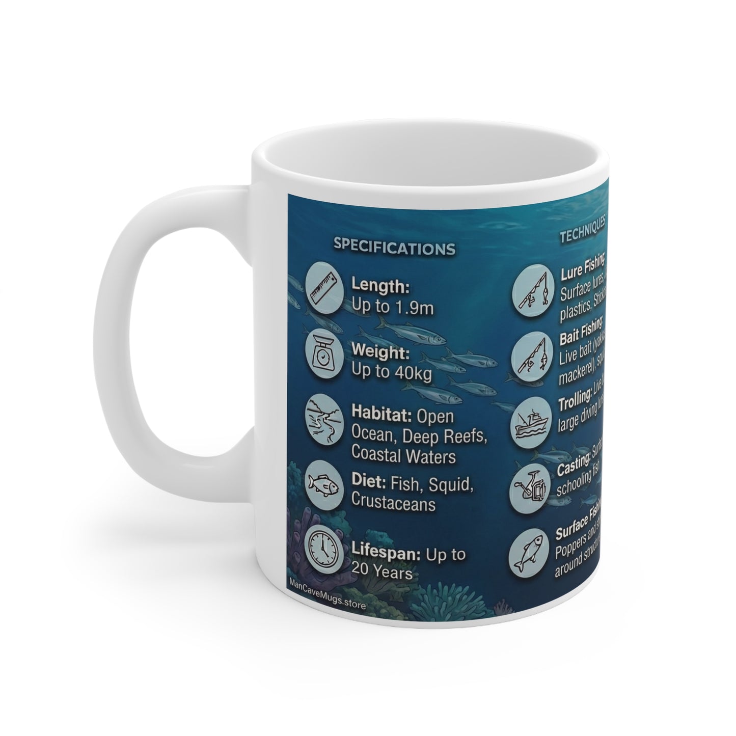 Yellowtail Fish Guide Mug — Ceramic 11oz Coffee Cup with Species Specs & Fishing Techniques