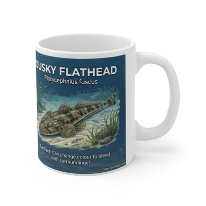 Dusky Flathead Fishing Mug — 11oz Ceramic Coffee Cup with Species Specs & Techniques
