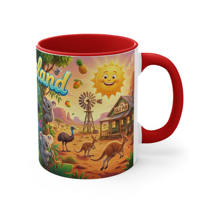 Queensland beach scene Coffee Mug , Colorful coastal wildlife surf van design