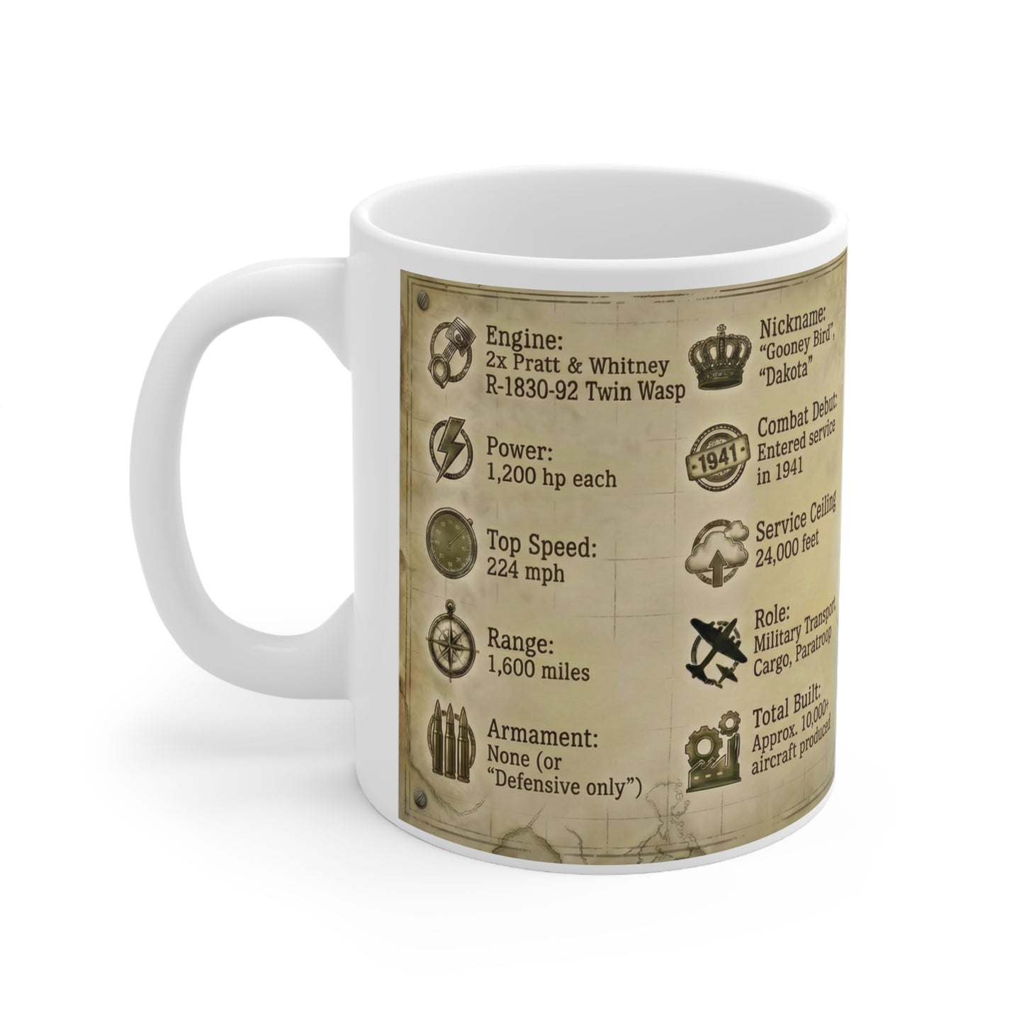 C-47 Skytrain Specs Coffee Mug — Vintage WWII Military Aircraft Facts