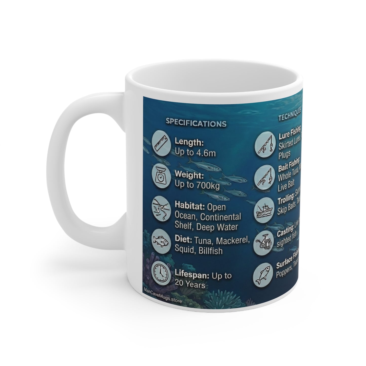 Black Marlin Fishing Mug — Ceramic 11oz Coffee Cup with Species Facts & Techniques