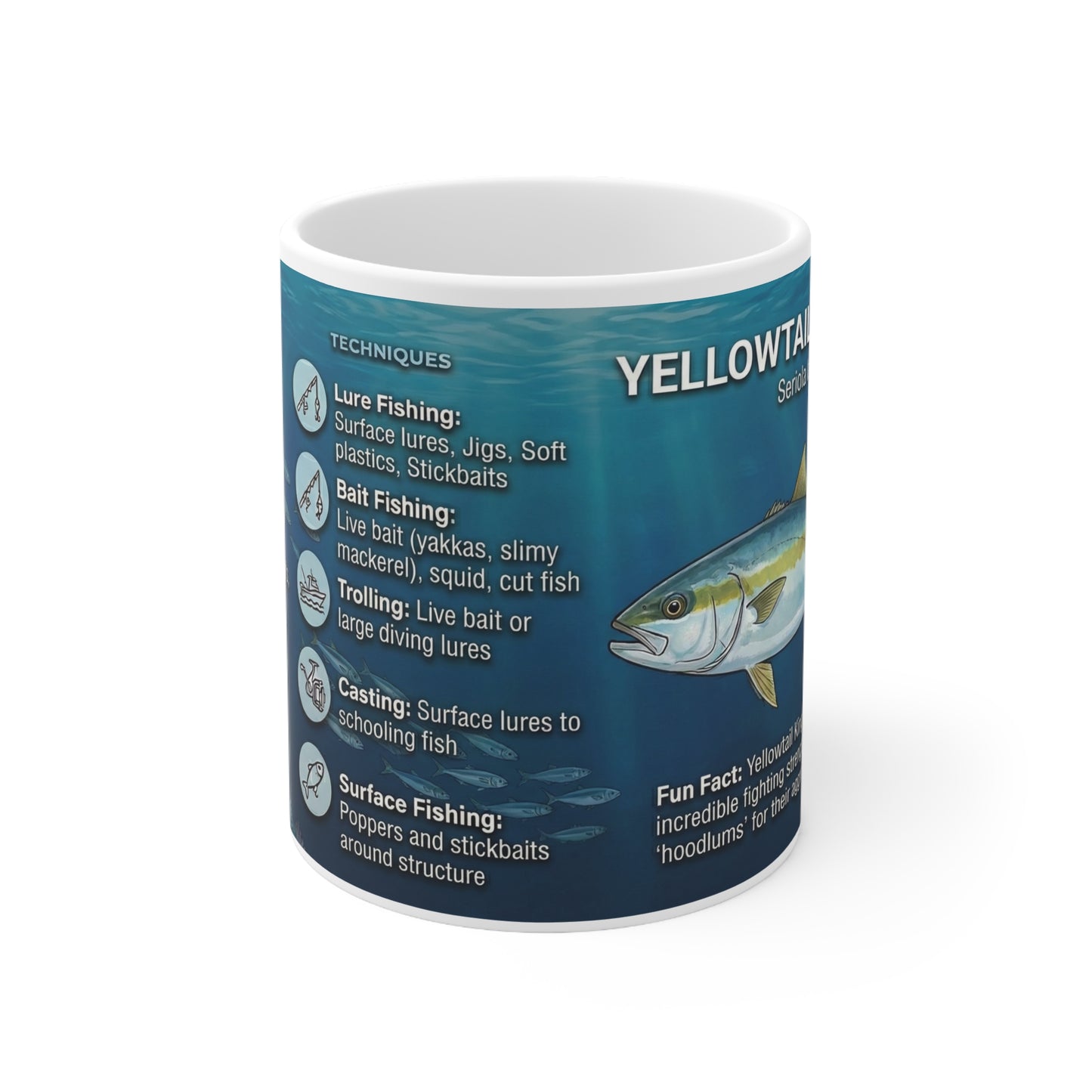 Yellowtail Fish Guide Mug — Ceramic 11oz Coffee Cup with Species Specs & Fishing Techniques