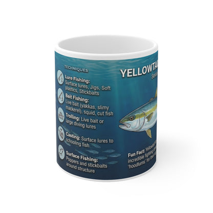 Yellowtail Fish Guide Mug — Ceramic 11oz Coffee Cup with Species Specs & Fishing Techniques