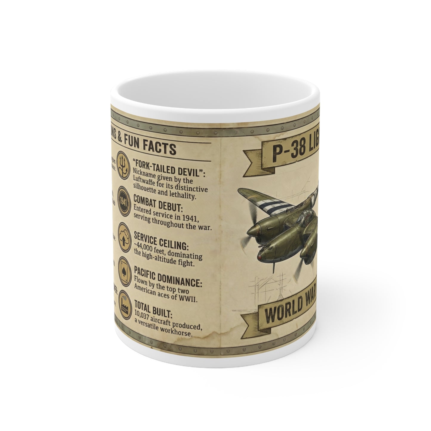 P-38 Lightning WWII Aircraft Ceramic Coffee Mug, Specifications & Fun Facts