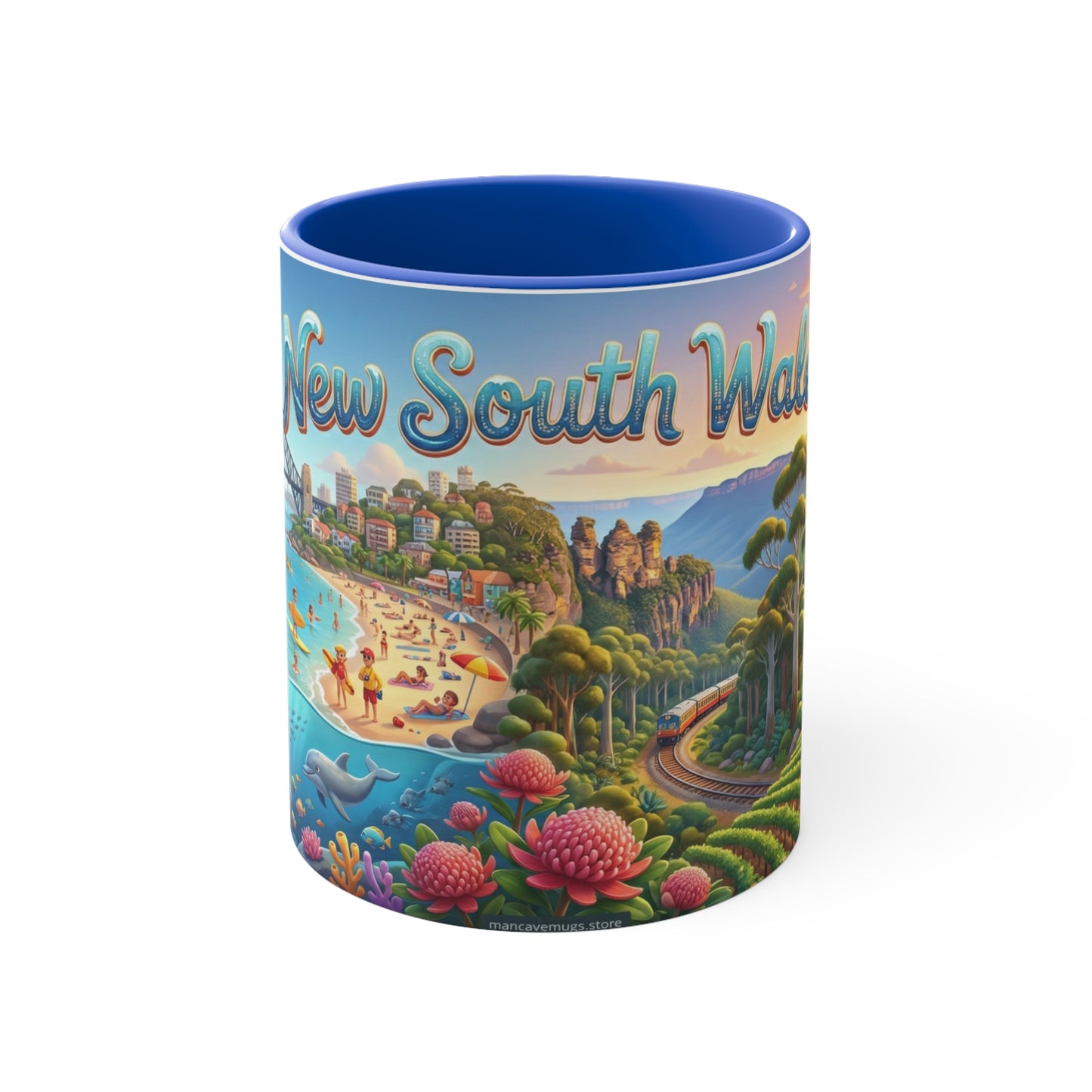 New South Wales coastal illustration Coffee Mug, Sydney Harbour, beach wildlife, colourful accent mug