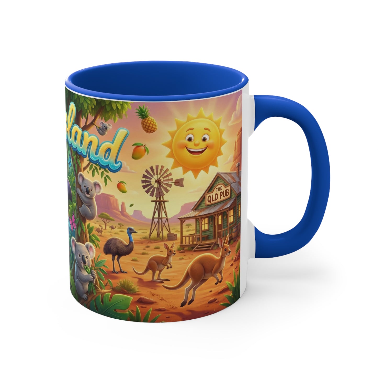 Queensland beach scene Coffee Mug , Colorful coastal wildlife surf van design