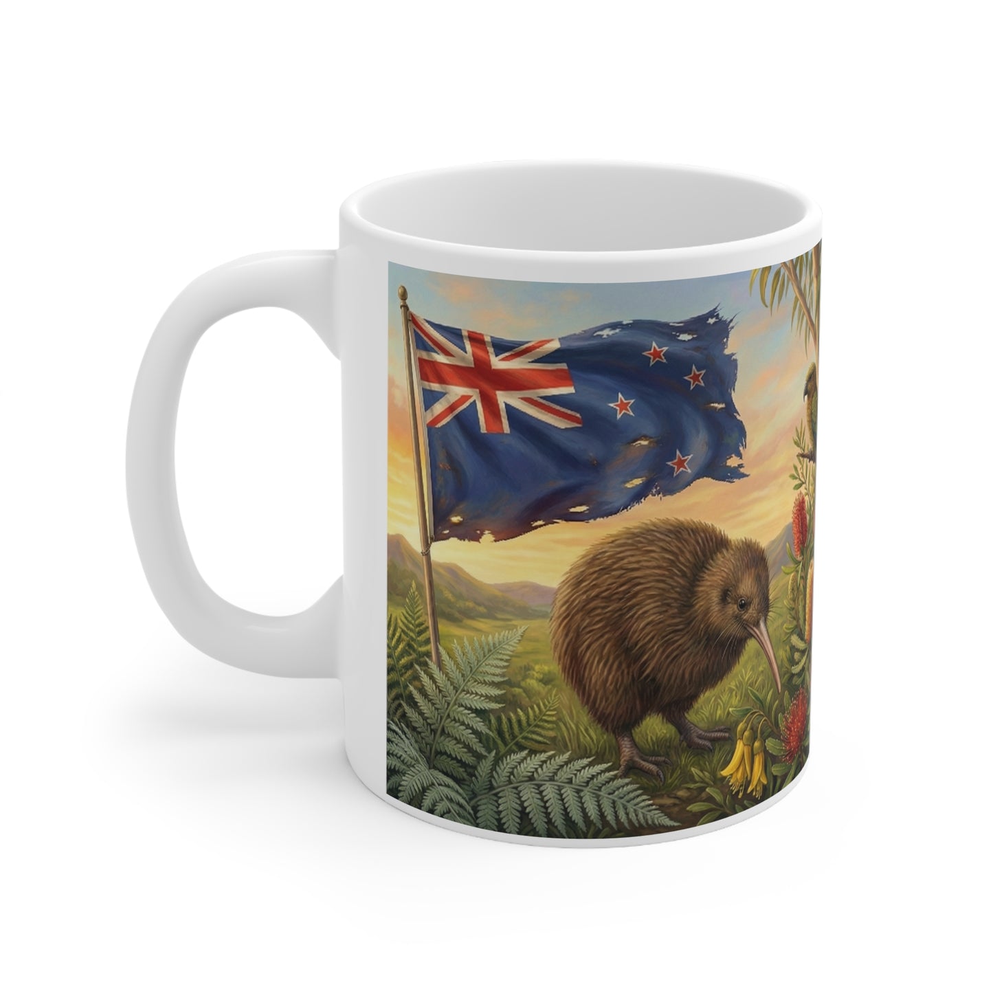 New Zealand Wildlife Ceramic Coffee Mug — Kiwi, Flag & Native Animals Scene (11oz)White Ceramic 11oz Mug