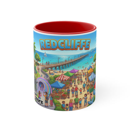 Redcliffe, Queensland Scene Accent Coffee Mug, Red — 11oz Colorful Coastal Coffee Cup