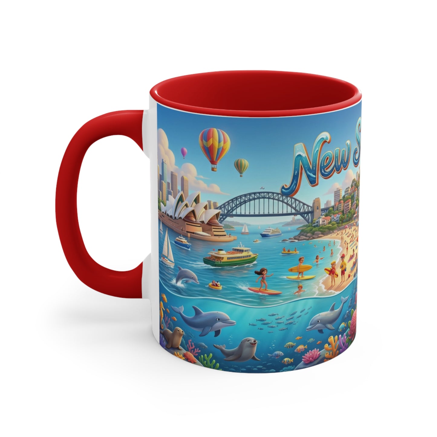 New South Wales coastal illustration Coffee Mug, Sydney Harbour, beach wildlife, colourful accent mug