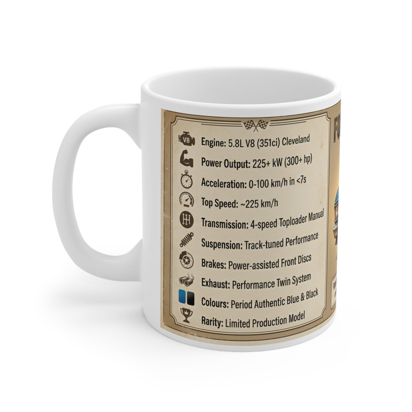 Ford Falcon GTHO Classic Car Coffee Mug, Vintage Specs & Illustration (11oz)