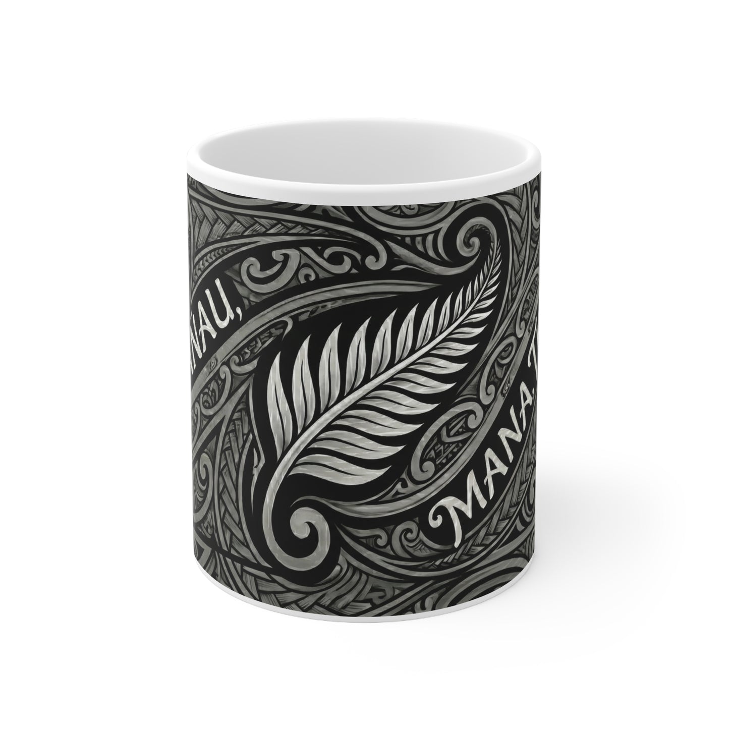 Whanau Maori Pattern Ceramic Coffee Mug — 11oz Tribal Koru Design