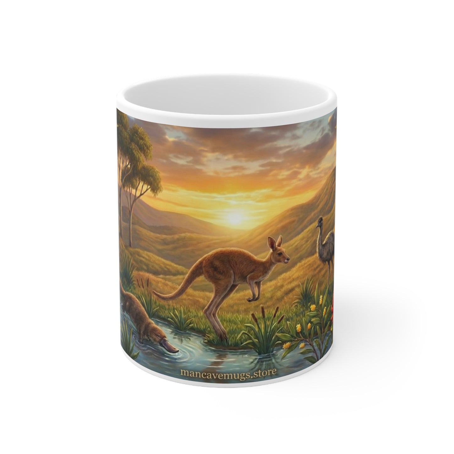 Australian Wildlife Sunset Coffee Mug | Kangaroo, Kookaburra, Wombat Scenic Art