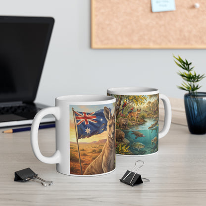 Australian Wildlife Ceramic Coffee Mug — Kangaroo, Koala & Native Flora 11oz