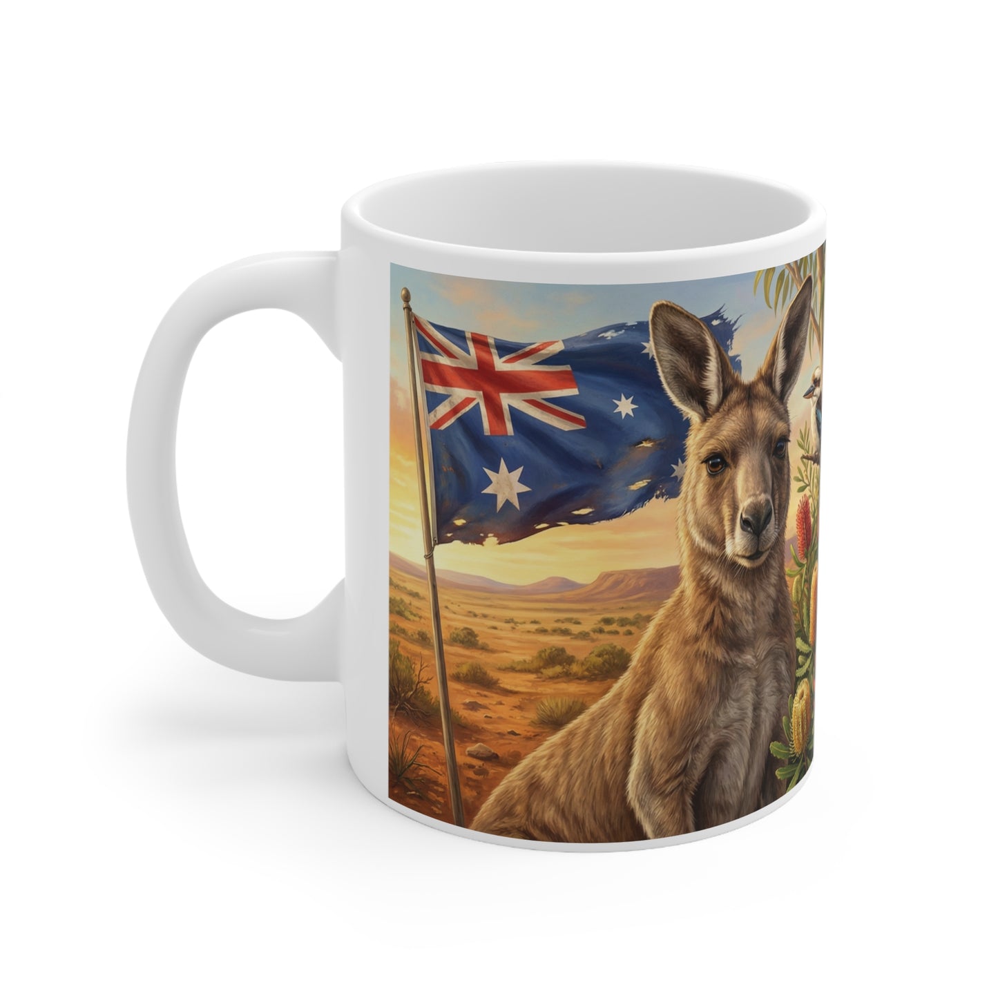 Australian Wildlife Ceramic Coffee Mug — Kangaroo, Koala & Native Flora 11oz