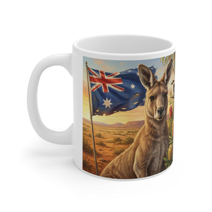 Australian Wildlife Ceramic Coffee Mug — Kangaroo, Koala & Native Flora 11oz