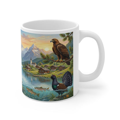 Swiss Alpine Wildlife Scenic Coffee Mug — Swiss Flag, Ibex & Mountain Lake 11oz Ceramic