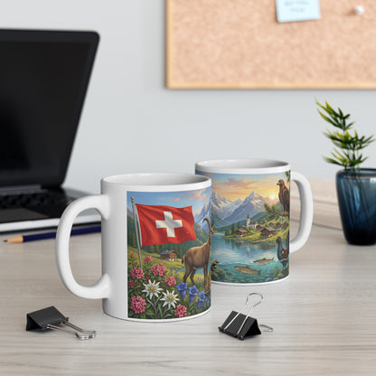 Swiss Alpine Wildlife Scenic Coffee Mug — Swiss Flag, Ibex & Mountain Lake 11oz Ceramic