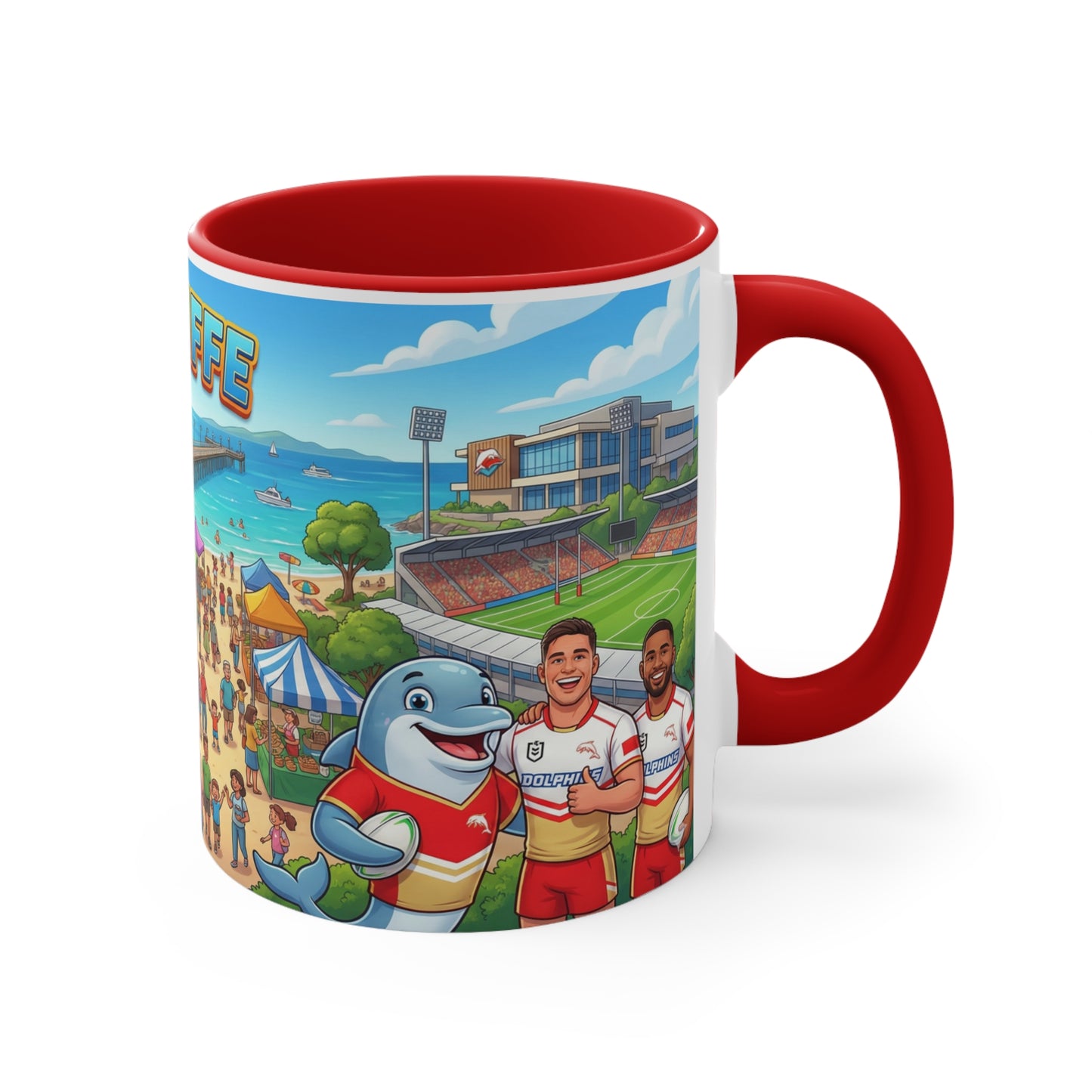 Redcliffe, Queensland Scene Accent Coffee Mug, Red — 11oz Colorful Coastal Coffee Cup