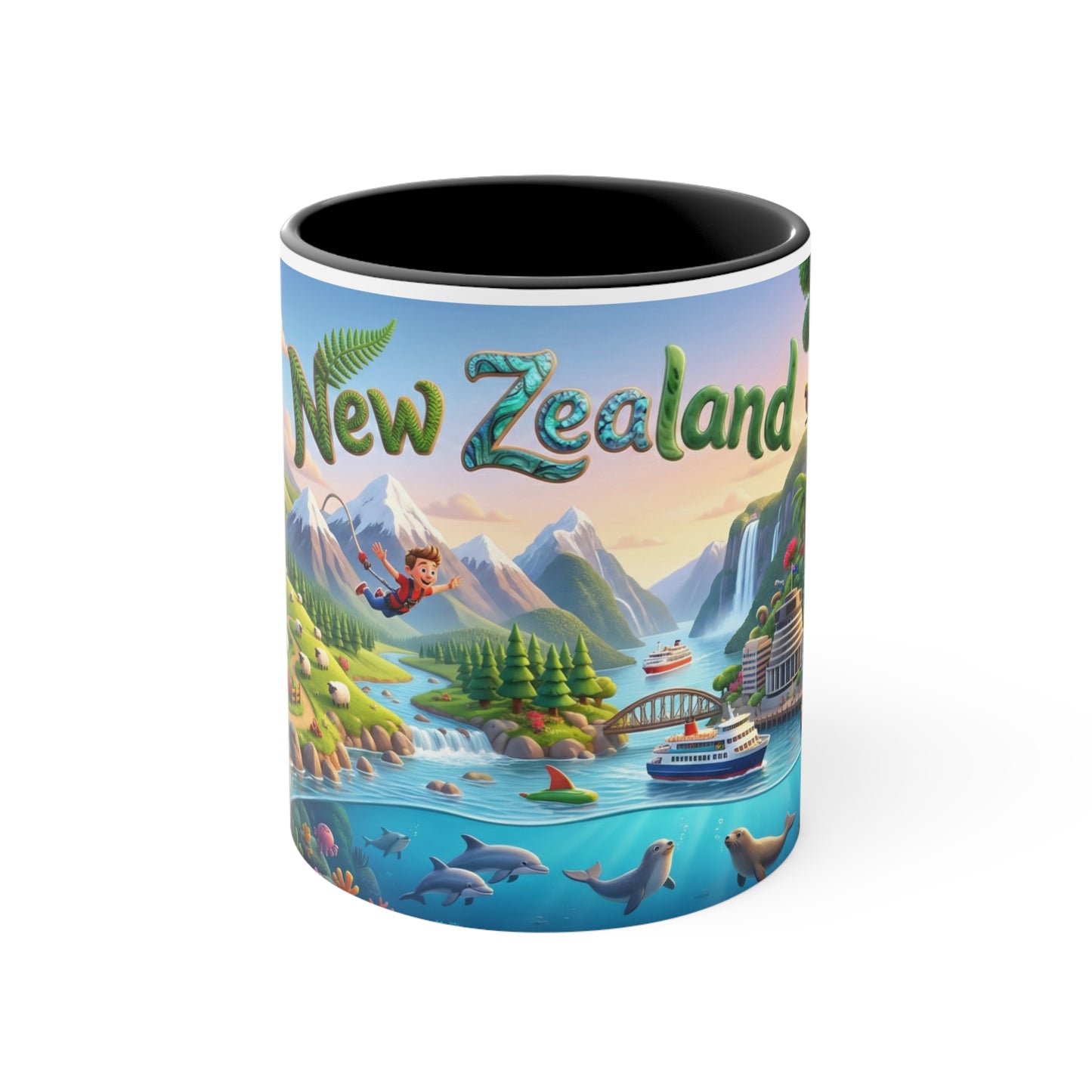 New Zealand Scenic Map Coffee Mug,  Color Accent 11oz