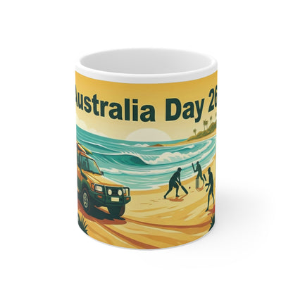 Australia Day Beach Coffee Mug – Surf, 4x4 & Lifesaver Scene