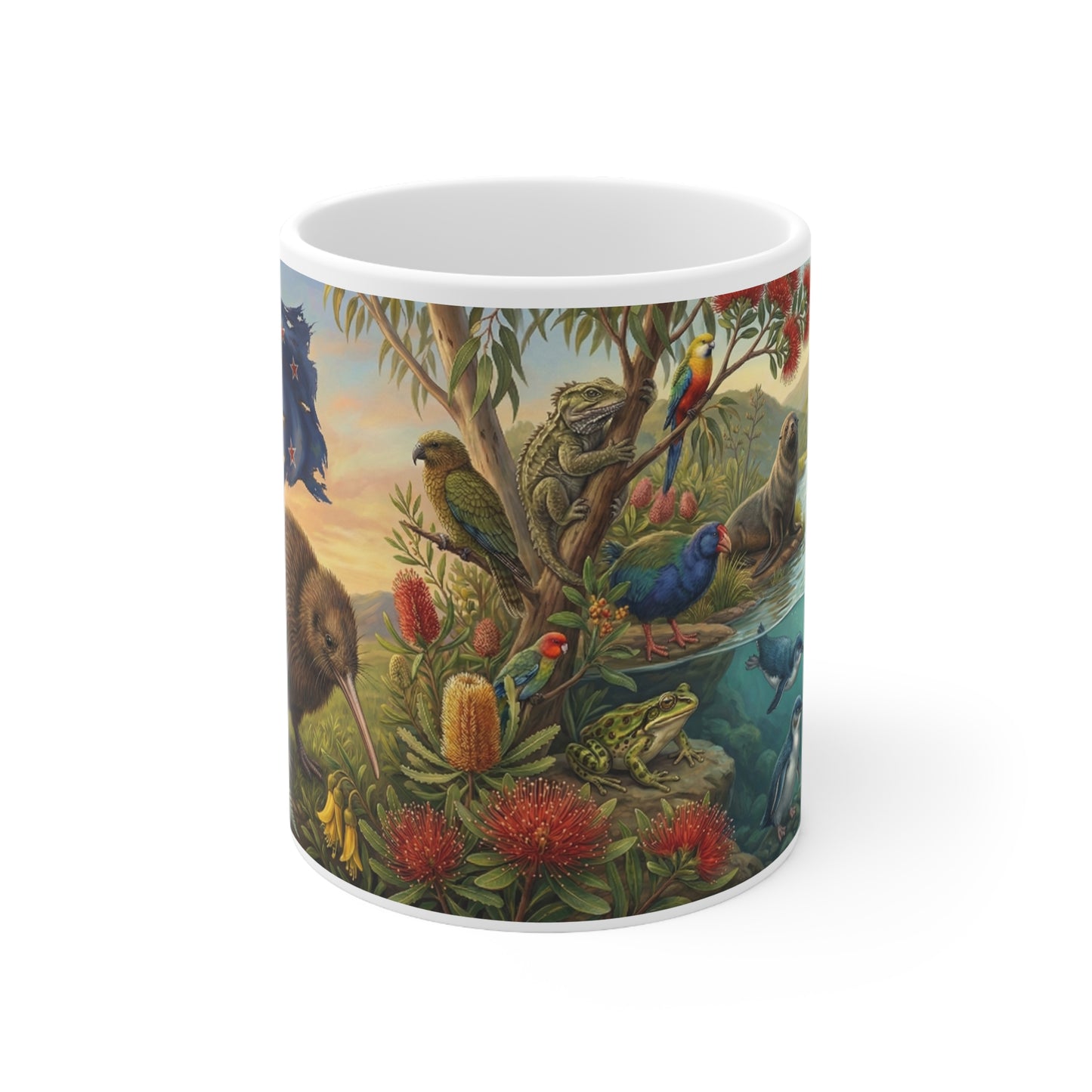 New Zealand Wildlife Ceramic Coffee Mug — Kiwi, Flag & Native Animals Scene (11oz)White Ceramic 11oz Mug