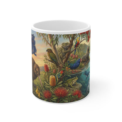 New Zealand Wildlife Ceramic Coffee Mug — Kiwi, Flag & Native Animals Scene (11oz)White Ceramic 11oz Mug