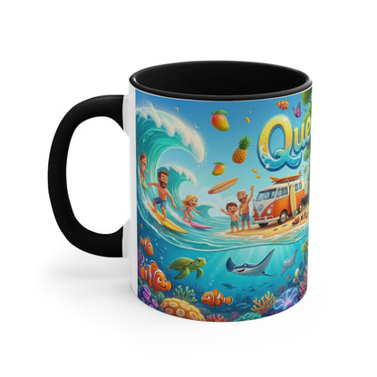 Queensland beach scene Coffee Mug , Colorful coastal wildlife surf van design