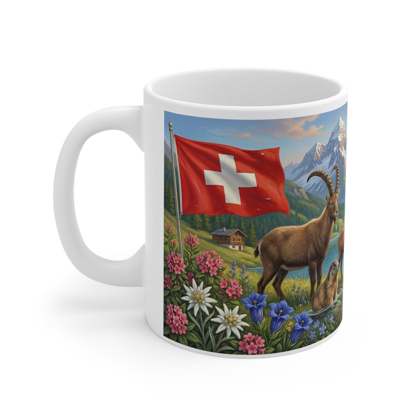 Swiss Alpine Wildlife Scenic Coffee Mug — Swiss Flag, Ibex & Mountain Lake 11oz Ceramic