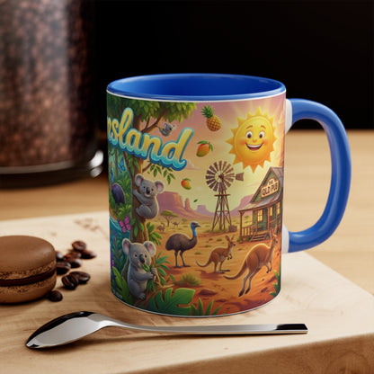 Queensland beach scene Coffee Mug , Colorful coastal wildlife surf van design