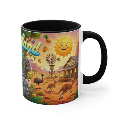 Queensland beach scene Coffee Mug , Colorful coastal wildlife surf van design
