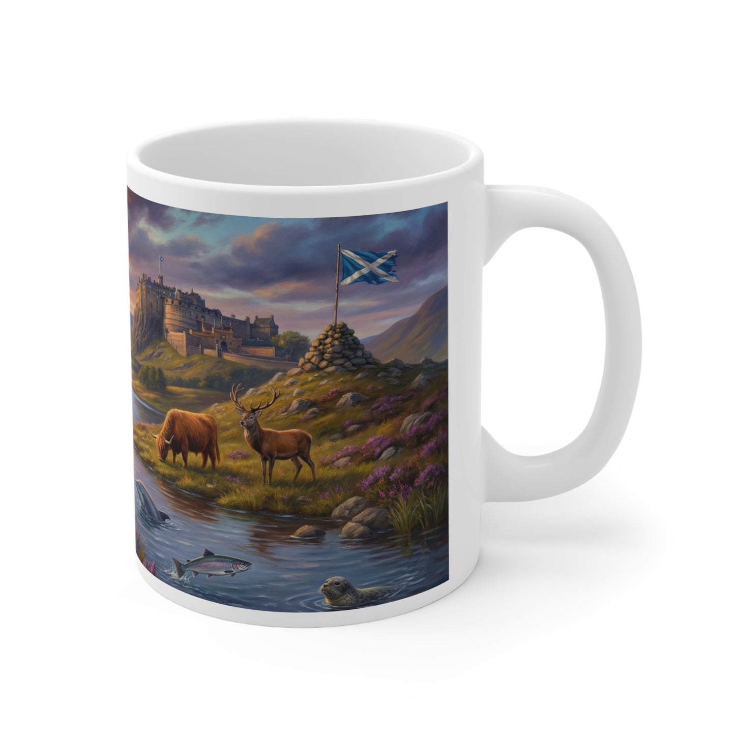 Scottish Highlands Wildlife Coffee Mug — Cat, Red Squirrel & Grouse Scenic Ceramic Coffee Cup