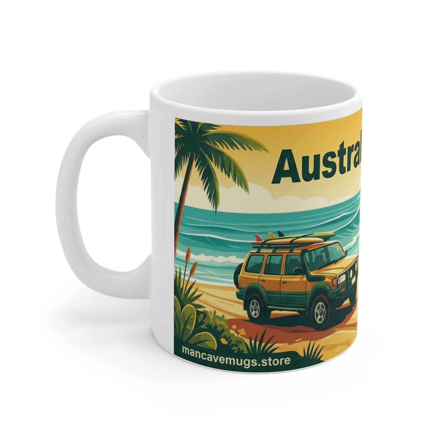 Australia Day Beach Coffee Mug – Surf, 4x4 & Lifesaver Scene