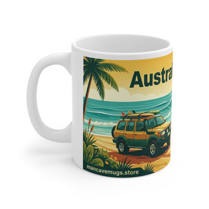 Australia Day Beach Coffee Mug – Surf, 4x4 & Lifesaver Scene