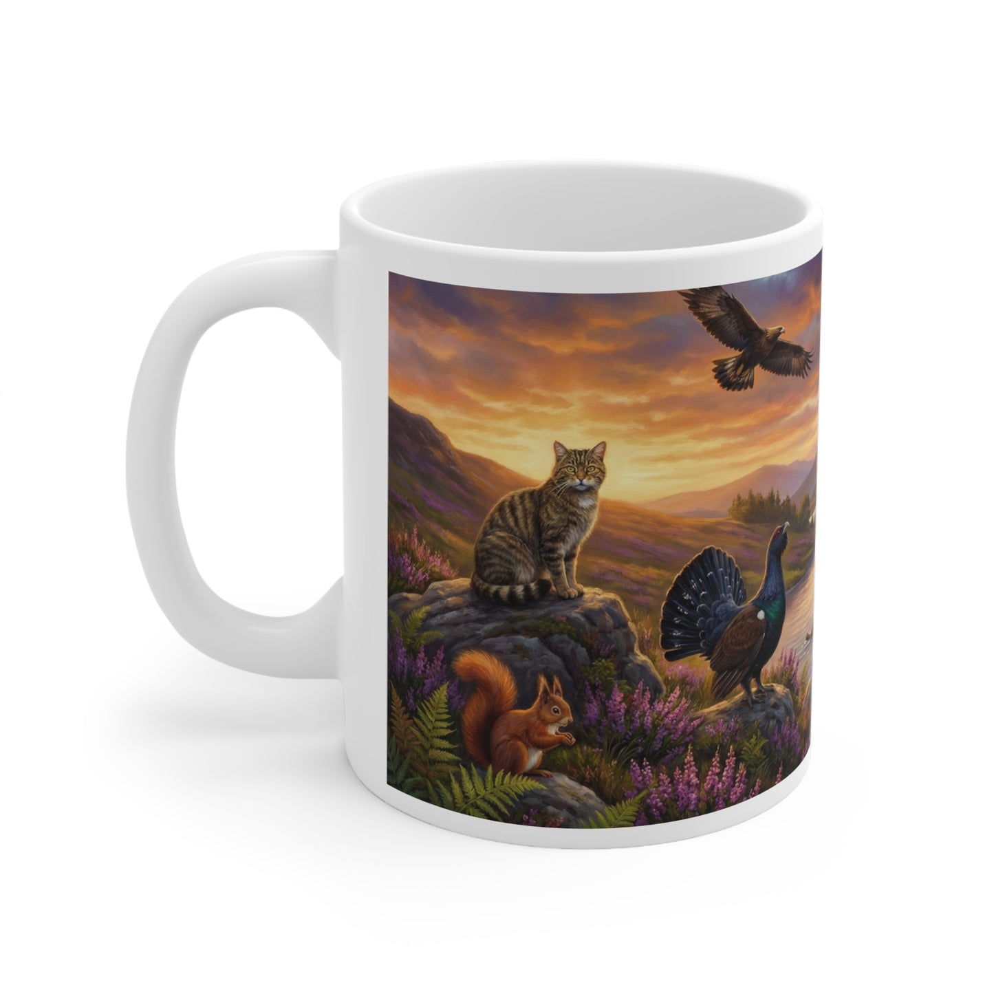 Scottish Highlands Wildlife Coffee Mug — Cat, Red Squirrel & Grouse Scenic Ceramic Coffee Cup