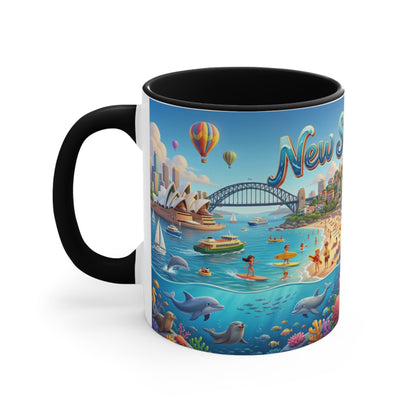 New South Wales coastal illustration Coffee Mug, Sydney Harbour, beach wildlife, colourful accent mug