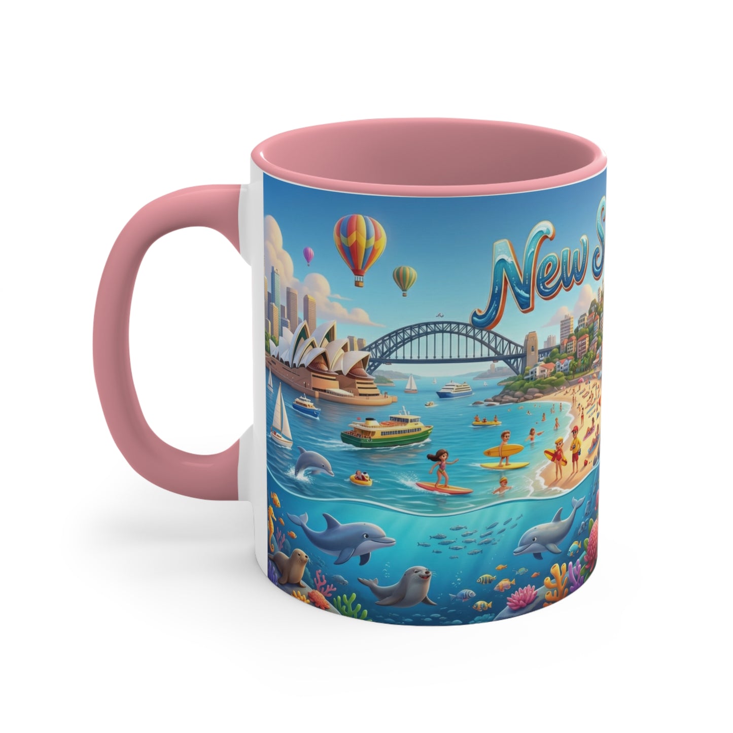 New South Wales coastal illustration Coffee Mug, Sydney Harbour, beach wildlife, colourful accent mug