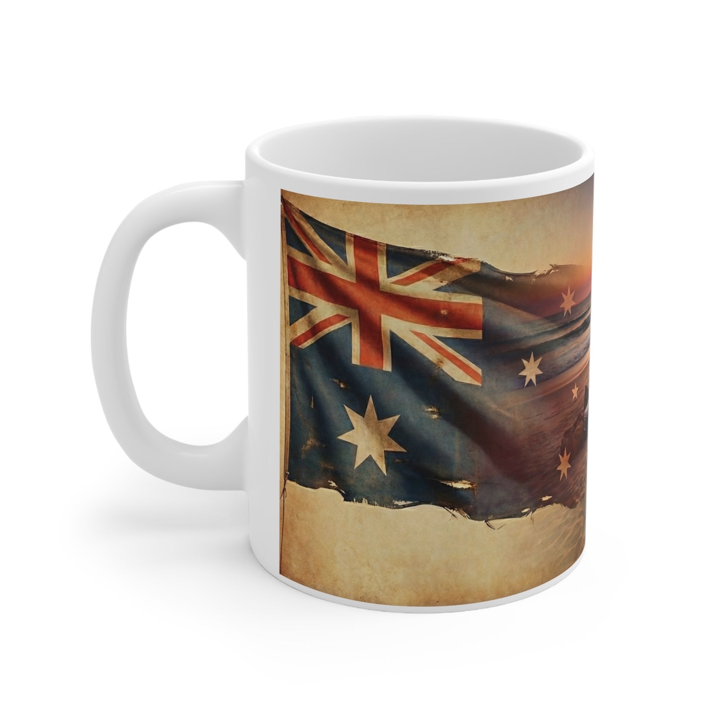 Australian Beach Scene Coffee Mug — Vintage Flag & Sunset Tea Cup